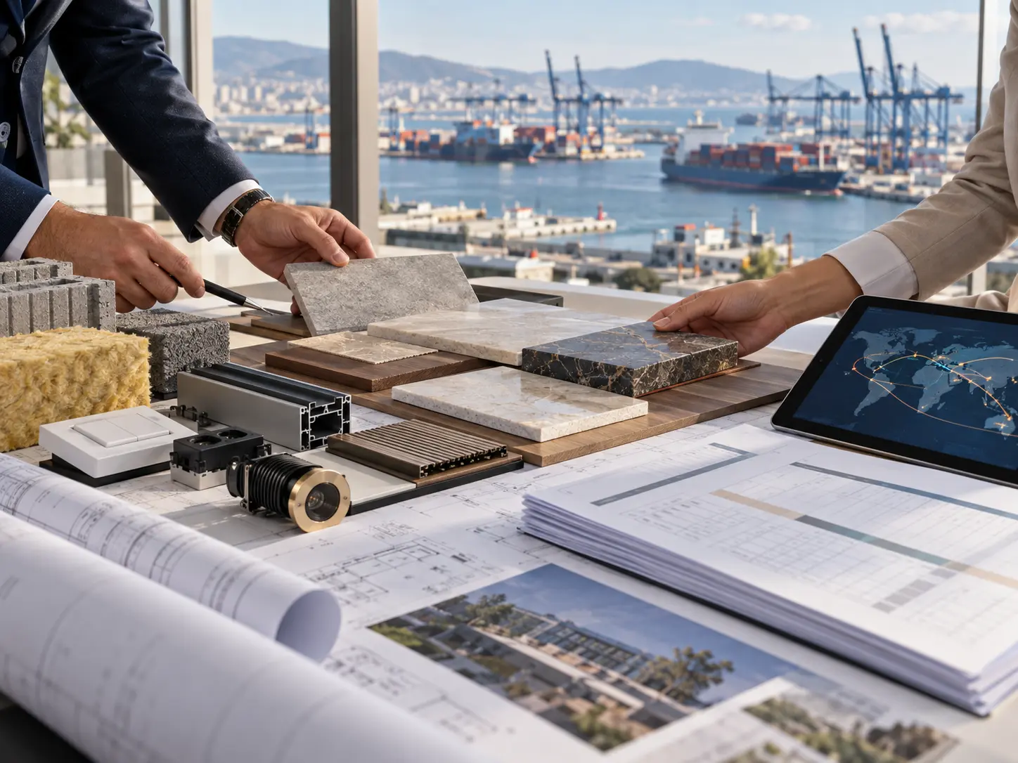 Corporate sourcing review with technical samples, project documentation and port logistics